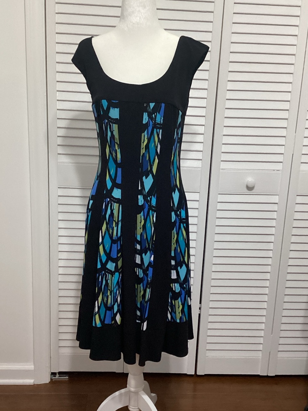 dressbarn Black Midi Dress with Blue & Green Mosaic Panels